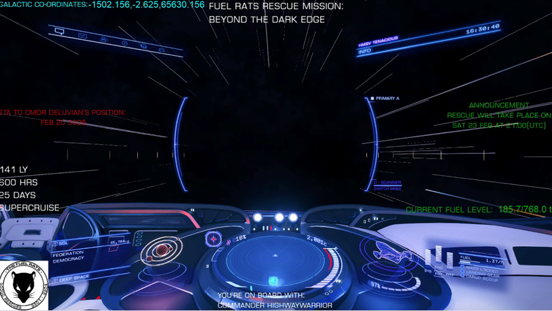 A screenshot of a Fuel Rat ship en route to Cruz’ position.